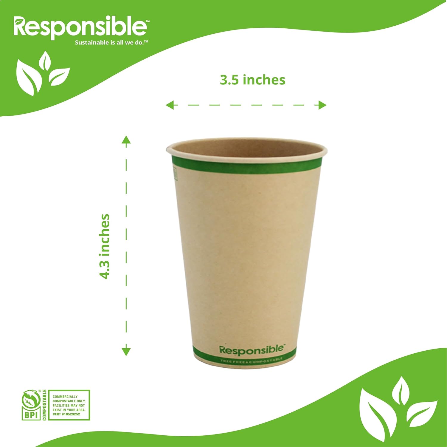 12 oz Paper Hot Cups, Tree-Less™ Compostable Paper Coffee Cups, Extra Strength, Tree-Free and Made Without PFAS, Natural Brown (1000 Count)