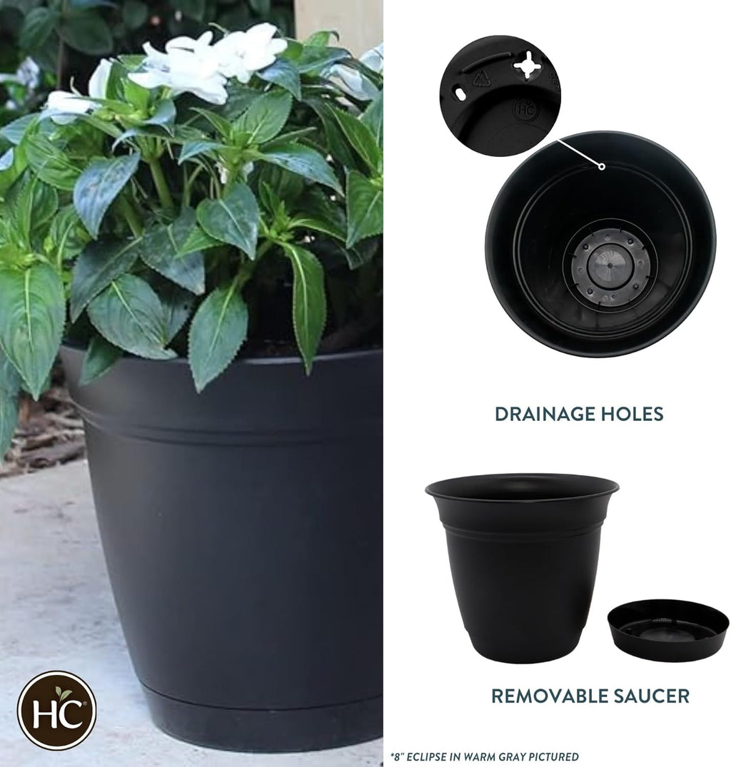 The HC Companies Eclipse Round Planter with Saucer - Outdoor & Indoor Plant Pot with Drainage Holes - Lightweight, UV-Resistant Plastic Pots for Plants, Flowers & Herbs (8" Black, Pack of 1)