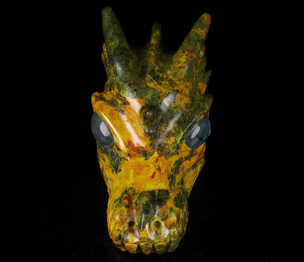 Skullis 5.1" Orpiment Carved Crystal Dragon Skull with Labradorite Eyes. Z8