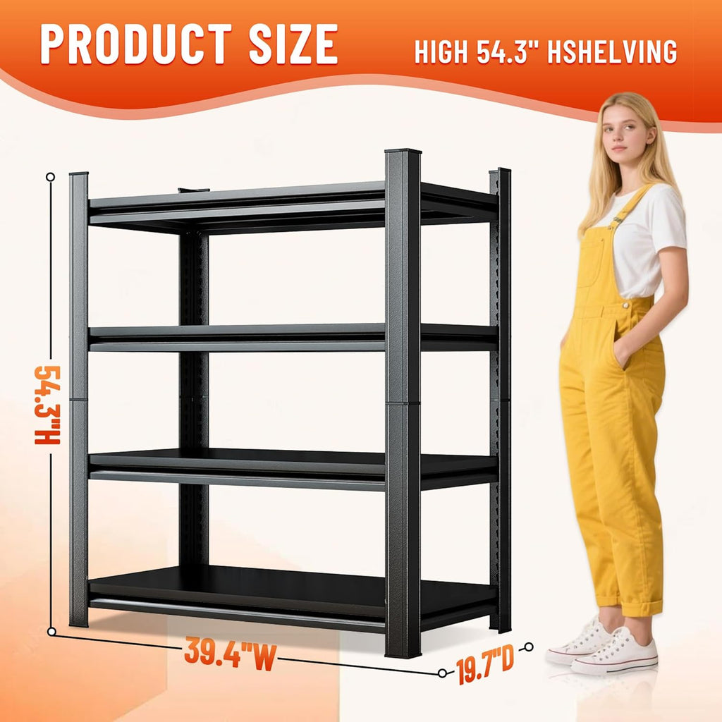 Heavy Duty 4-Tier Steel Shelving Unit, 2000LB Capacity Adjustable Storage Rack for Garage, Warehouse & Basement, Easy Tool-Free Assembly（54.3''H x 39.4W x 15.7''D）