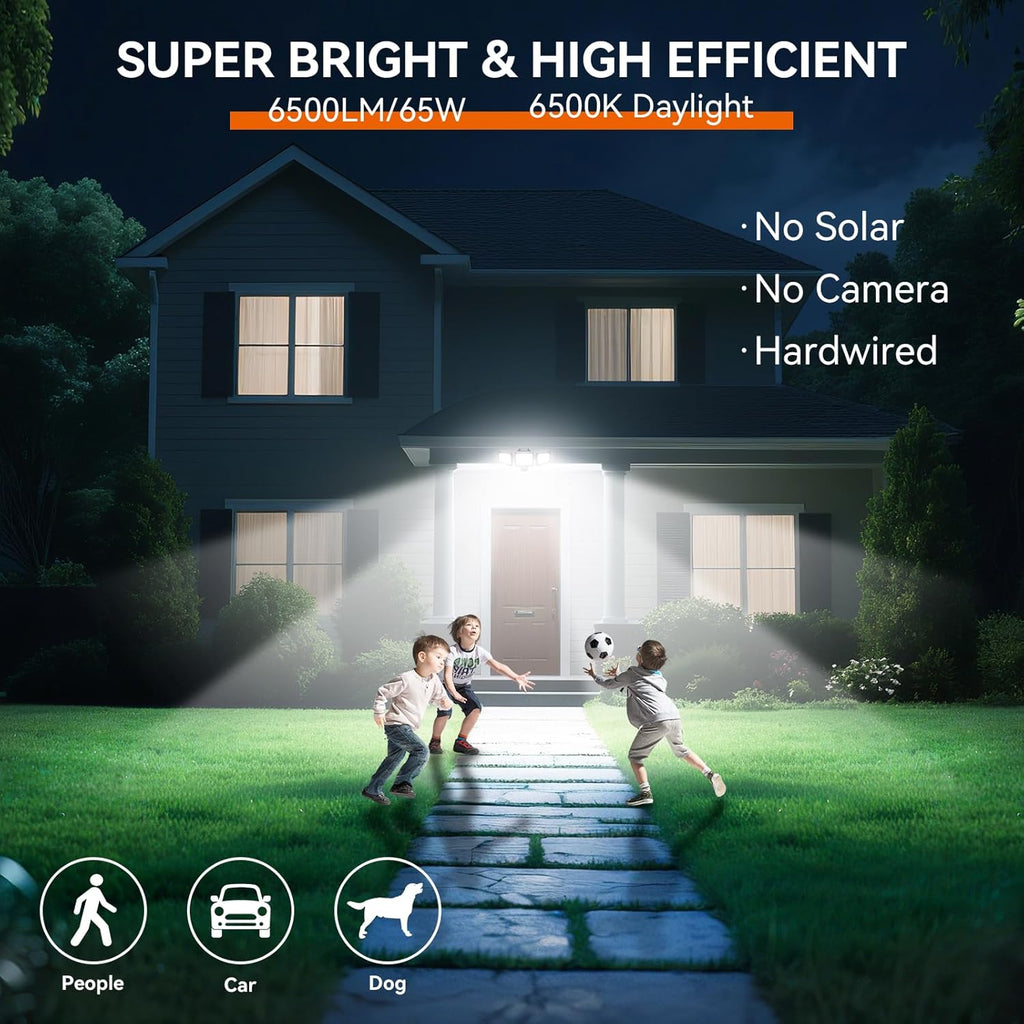 65W LED Flood Lights Outdoor, 6500LM, Waterproof, 6500K Motion Sensor Flood Lights Outdoor with Adjustable 3 Head Detected Floodlight for Outside Entryway Garage, Yard, Porch, 2Pack