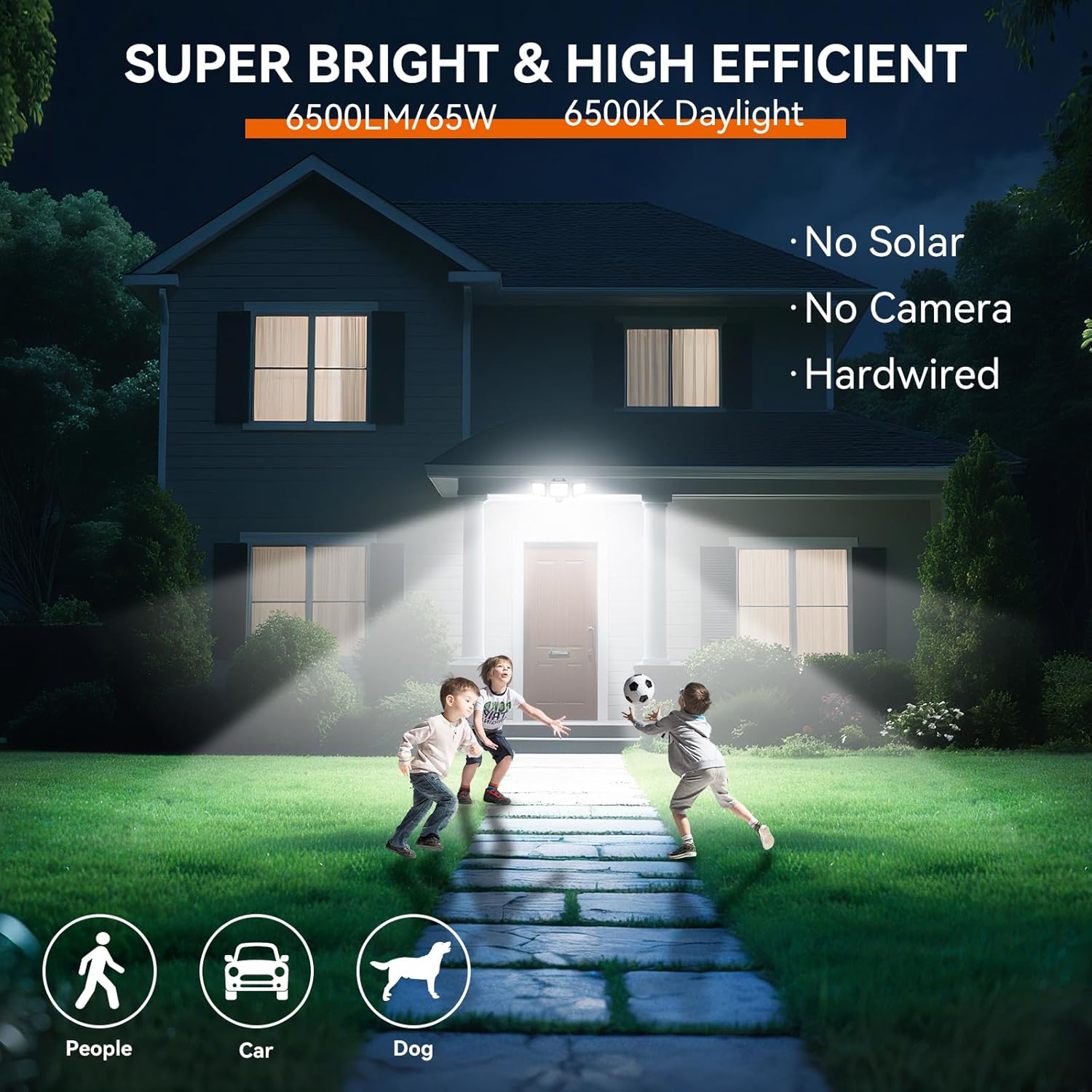 65W LED Flood Lights Outdoor, 6500LM, Waterproof, 6500K Motion Sensor Flood Lights Outdoor with Adjustable 3 Head Detected Floodlight for Outside Entryway Garage, Yard, Porch, 2Pack