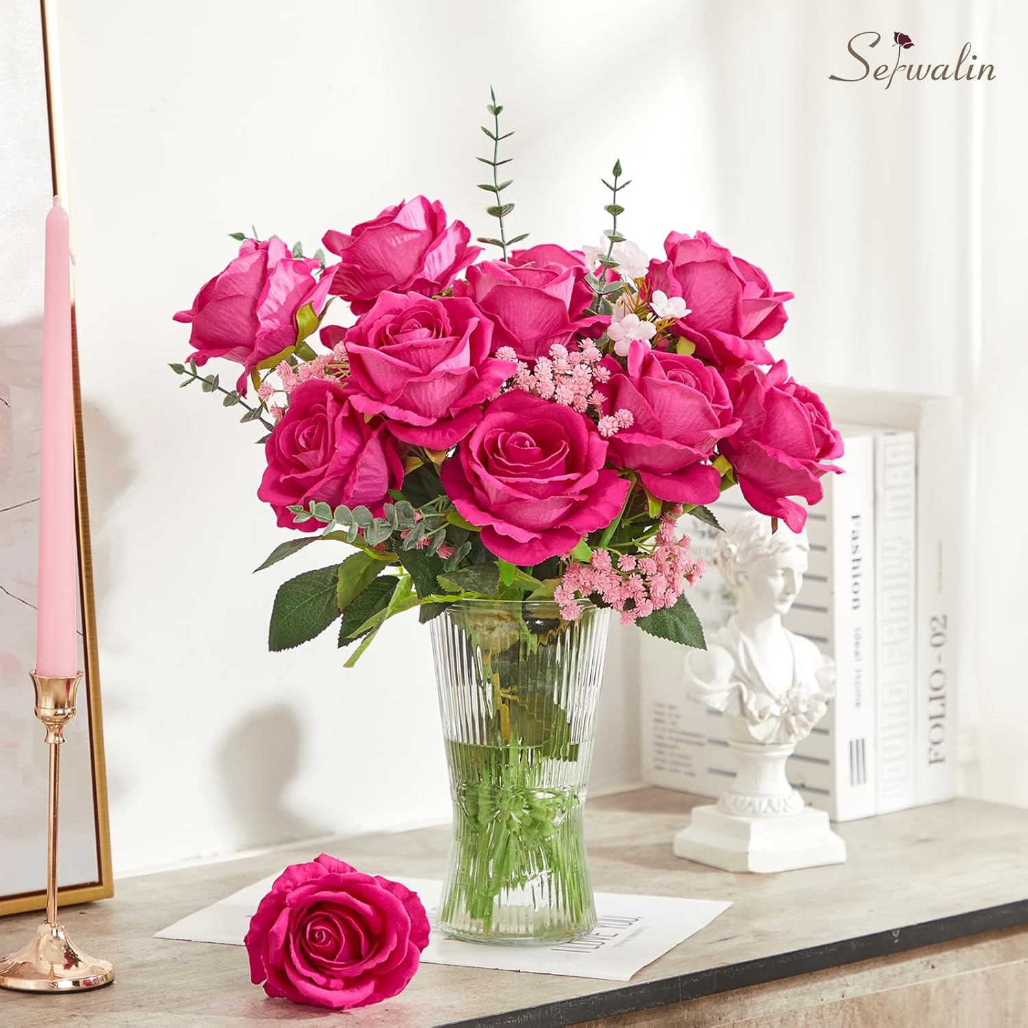 Serwalin 20pcs Artificial Roses, 4'' Big Flower Head, Hot Pink Roses Velvet Real Touch, Silk Fake Roses Long Stem Realistic Bouquet for Wedding Table Centerpiece and Home Decor