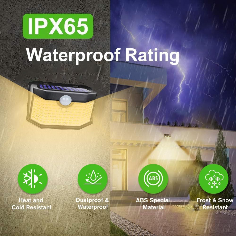 HMCITY 120 LED Outdoor Solar Lights- with Motion Sensor and 3 Lighting Modes, IP65 Waterproof Wide Solar Wall Lights Ideal for Garden Patio Yard (Front Button 6Packs, Warm White)