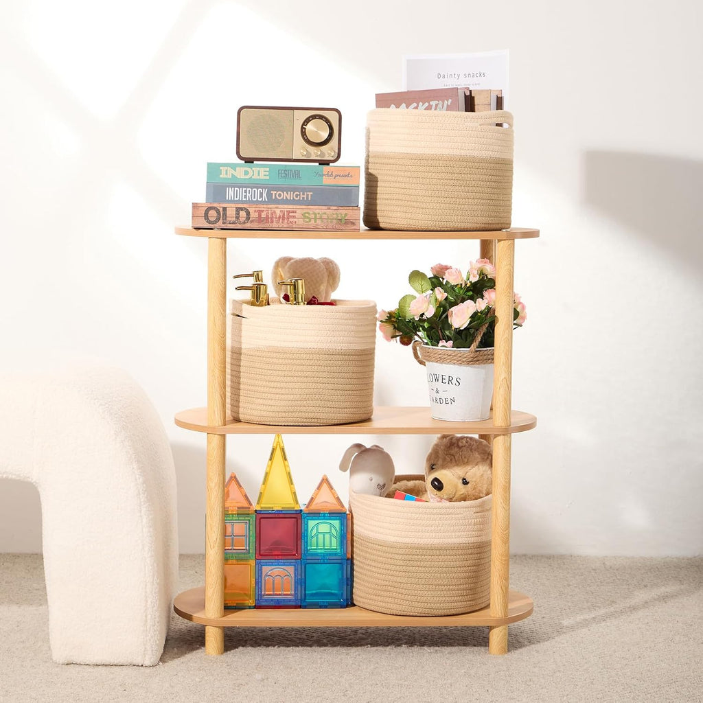 Small Basket for Organizing | Cube Shelf Closet Storage Baskets | 9.7×9.7×7.1” | Woven Rope Gift Basket | Nursery | Round 3 Packs Tan