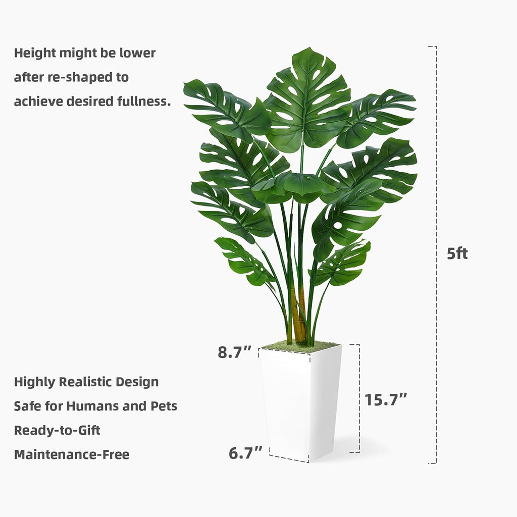 Artificial Monstera Deliciosa Plant 5FT - Faux Tropical Palm Tree with White Tall Planter - Fake Swiss Cheese Floor Plant Potted - Artificial Tree for Home Office Living Room Decor Indoor
