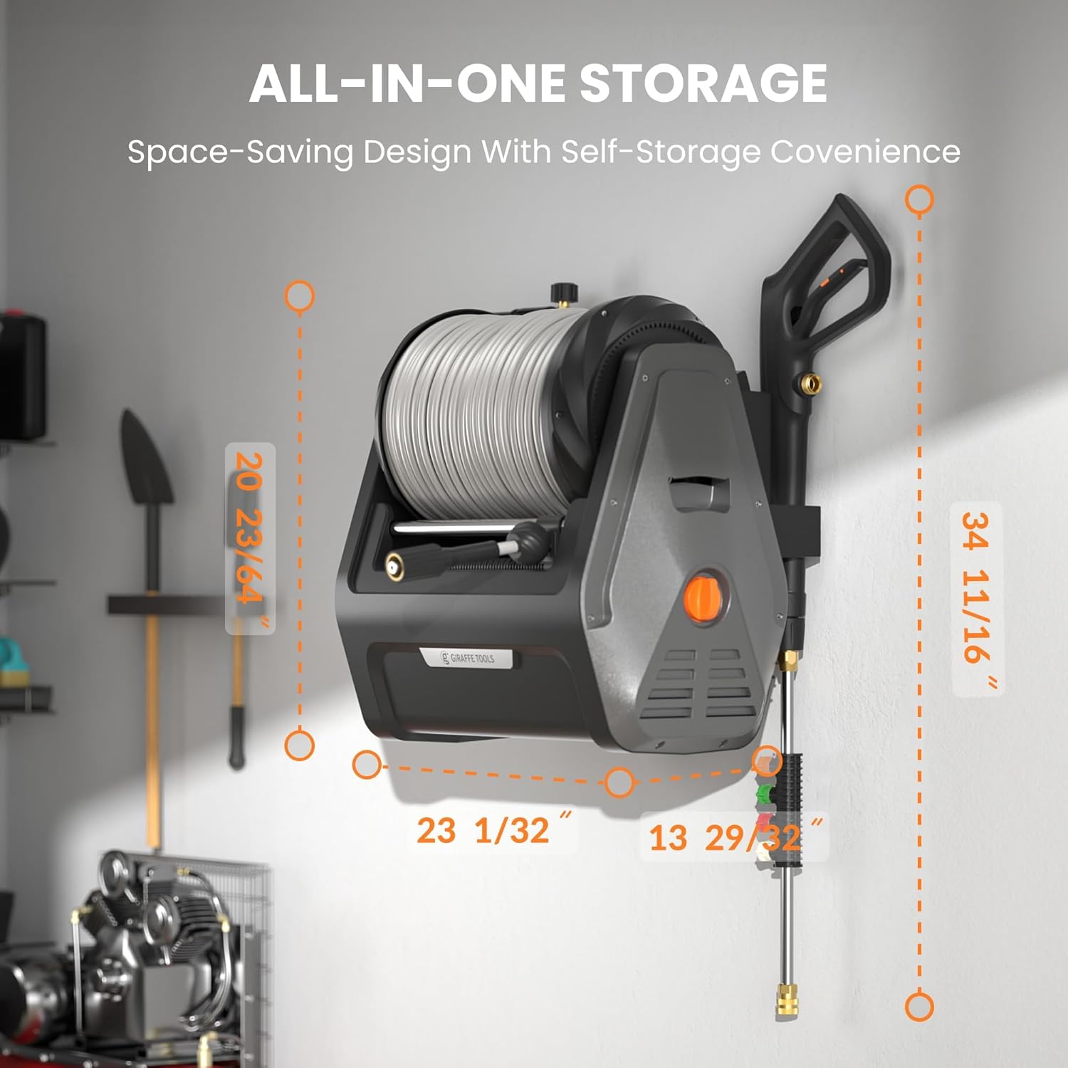 Giraffe Tools Grandfalls Pressure Washer Plus+, Electric Wall Mount Power Washer with 100FT Ultra-Soft Pressure Hoses, 2900PSI, 2.2GPM, 4 Nozzles, Foam Cannon for Cars/Patios, Dark Silver