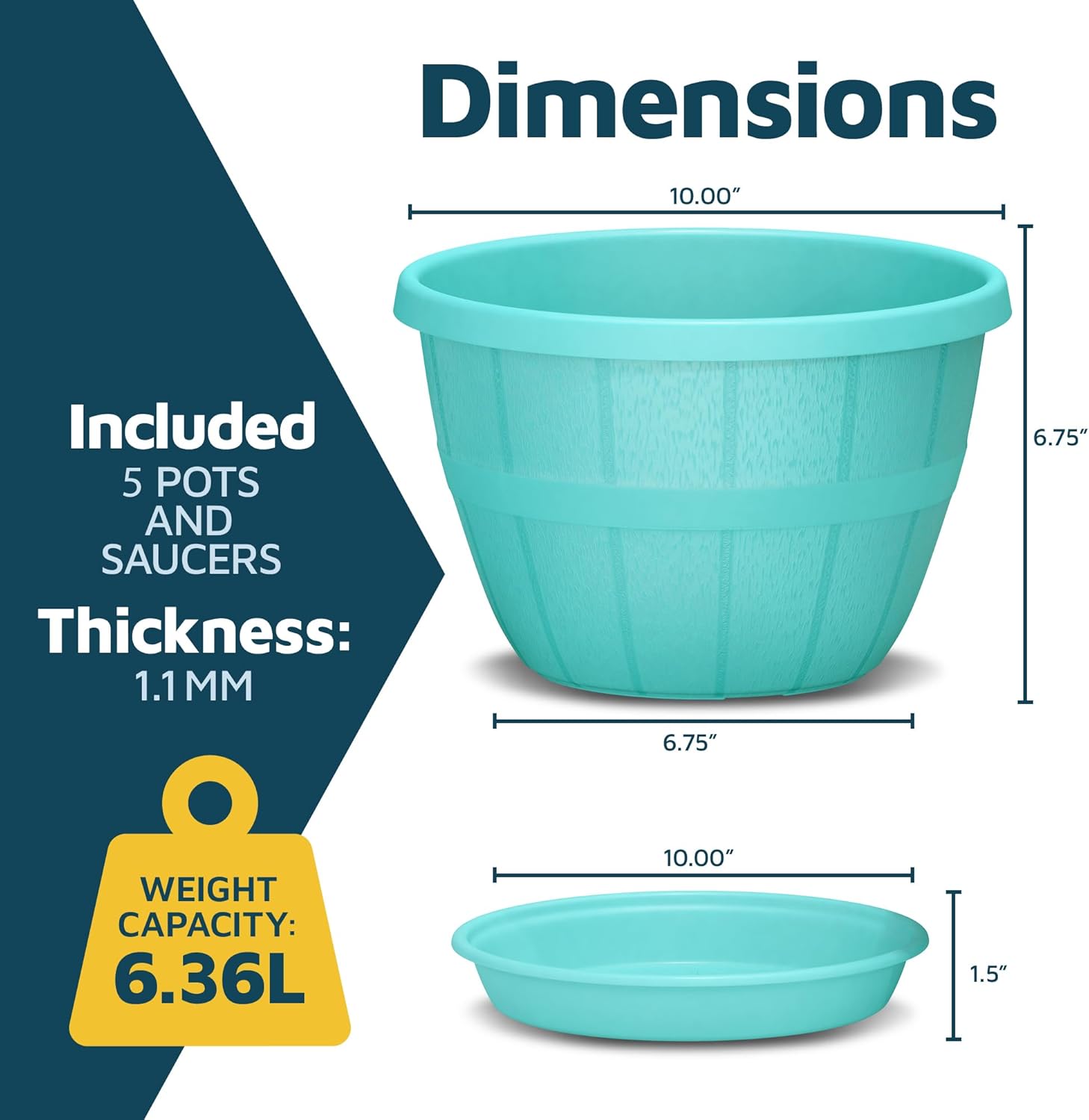 10-Inch Whiskey Barrel Planters Outdoor Pack of 5 - Durable Plastic Plant Pots for Indoor & Outdoor Use with Drainage & Saucer, Lightweight Rustic Barrel Planters for Flowers, Herbs & Small Plants