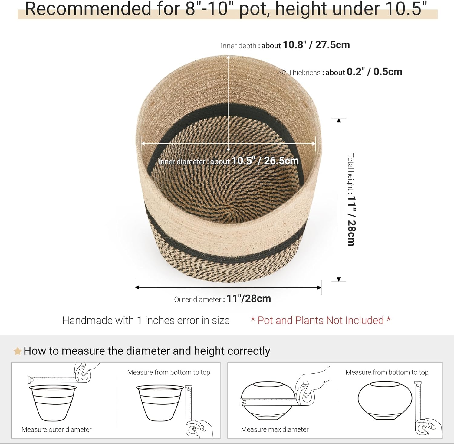 Dahey Jute Rope Plant Basket Modern Woven Storage Basket for 10.5" Indoor Planter, Decorative Flower Pots Cover Laundry Bin with Handle Rustic Home Decor, Black