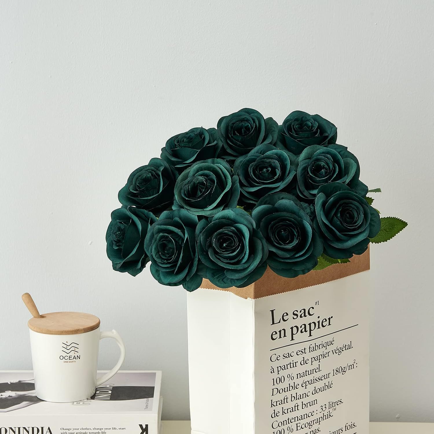 12PC Peacock Green Roses Artificial Flowers Fake Roses Silk Flowers Roses with Long Stems for Wedding Home Party Centerpieces Decorations