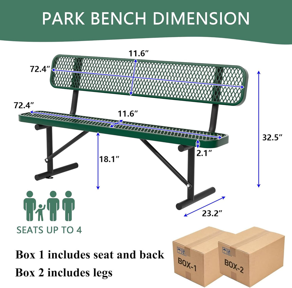 6 Feet Heavy Duty Metal Park Bench for Outside, Outdoor Bench with Backrest & Portable Frame, Commercial Benches for Shopping Malls, Stores, Parks, Patios, Decks, Green
