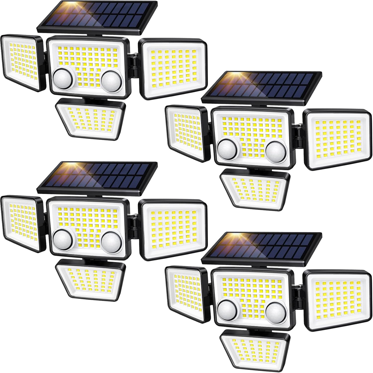 Solar Lights Outdoor - 3000LM 188 LED Motion Sensor Outdoor Lights, 4 Heads IP65 Waterproof Powered Security Flood Lights, 270°Wide Lighting Angle Wall Light with Sensors for Backyard (4 Pack)
