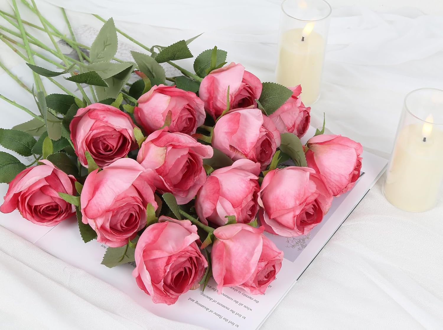 12 pcs Hot Pink Roses Artificial Flowers Vintage Burnt Edge Rose 20" Realistic Silk Roses Bouquet with Long Stem for Wedding Party Floral Centerpieces Decoration (Hot Pink)