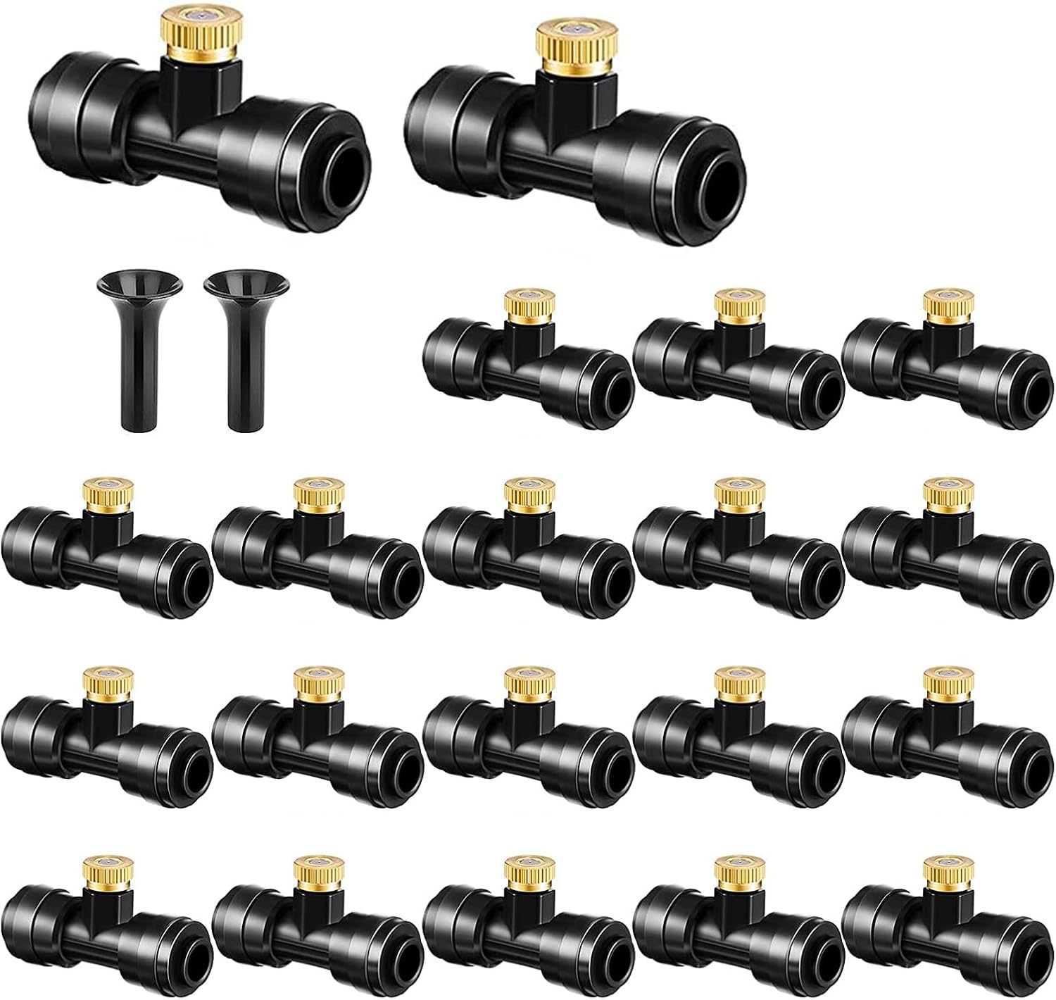 Brass & Black Misting Nozzles Kit - 20pcs Mister Nozzles & Tees with 2pcs Plugs for 1/4" Tubing and Outdoor Patio System