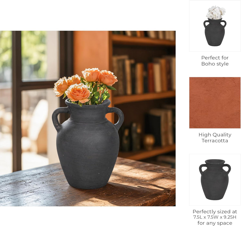 Sagebrook Home Black Boho Terracotta Vase - Amphora-Style Decorative Flower Holder for Home, Office & Living Room - 9" Black