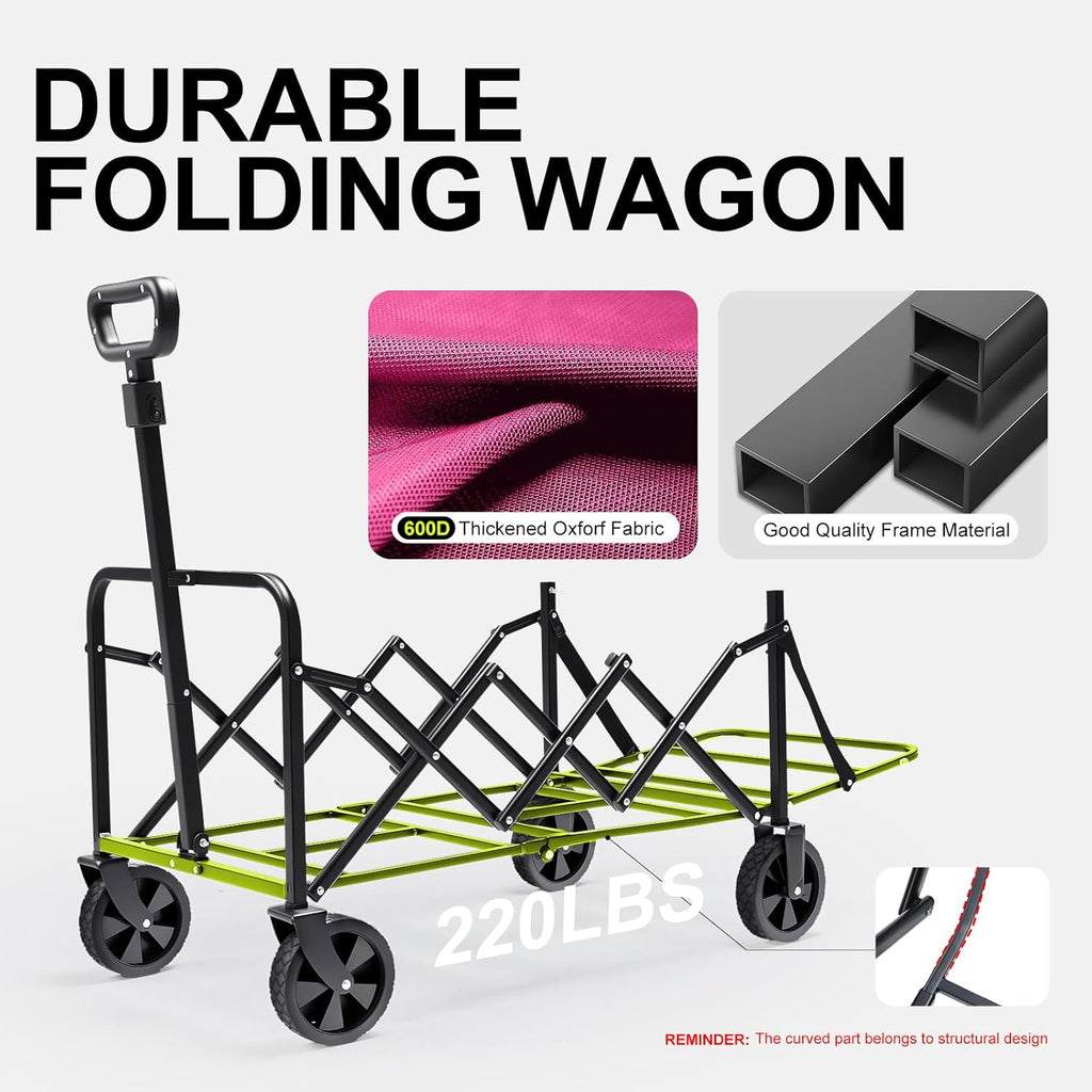 Collapsible Wagons Carts Foldable with Extended Tailgate, Folding Wagon Cart on Wheels, Portable Heavy Duty Shopping Carts for Groceries, Apartment, Garden, Camping, Sports, Outdoor (Pink)