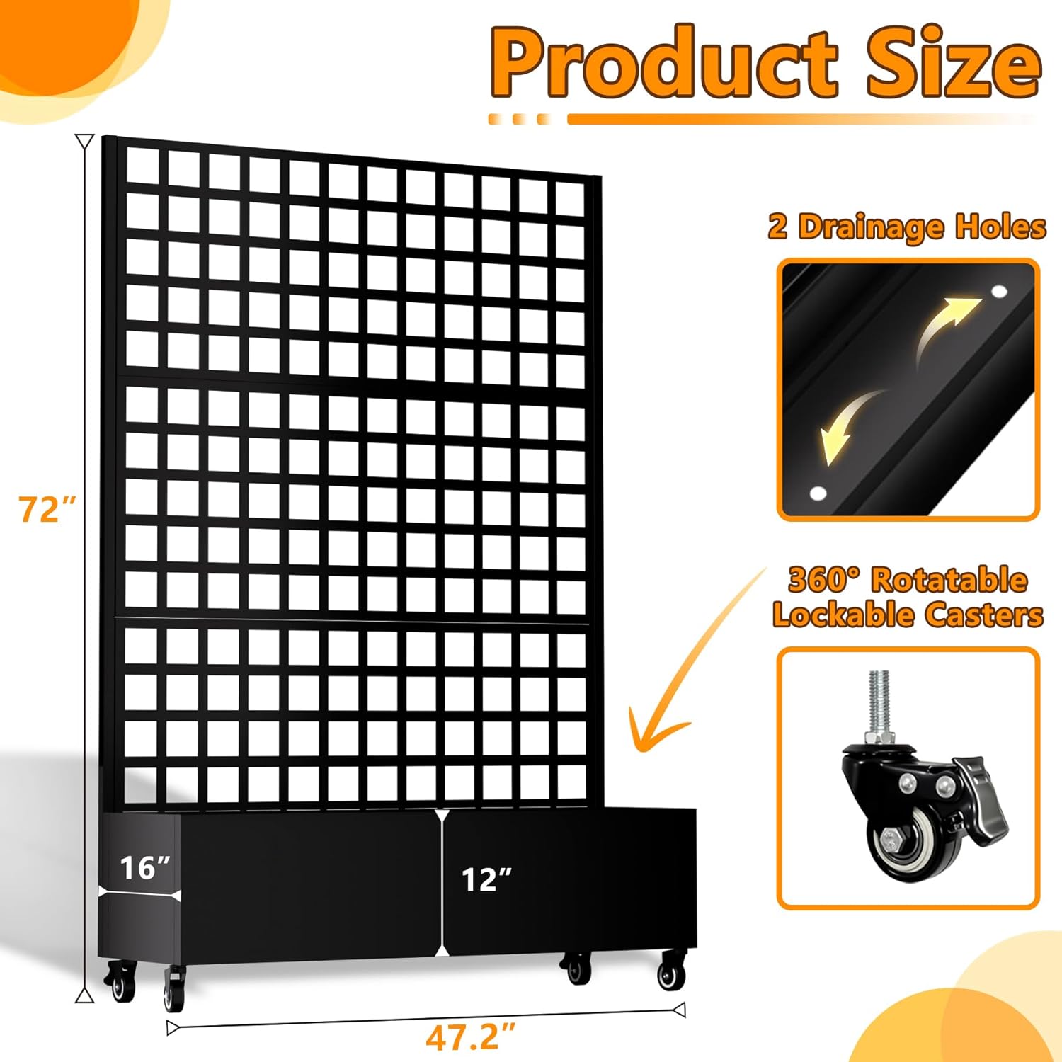 Metal Planter Box with Trellis, 72.1"x47.2"x16" Galvanized Raised Garden Bed with Privacy Screen & Drainage Holes & Lockable Casters for Climbing Plants, Flower, Vegetable (Black-Grid)