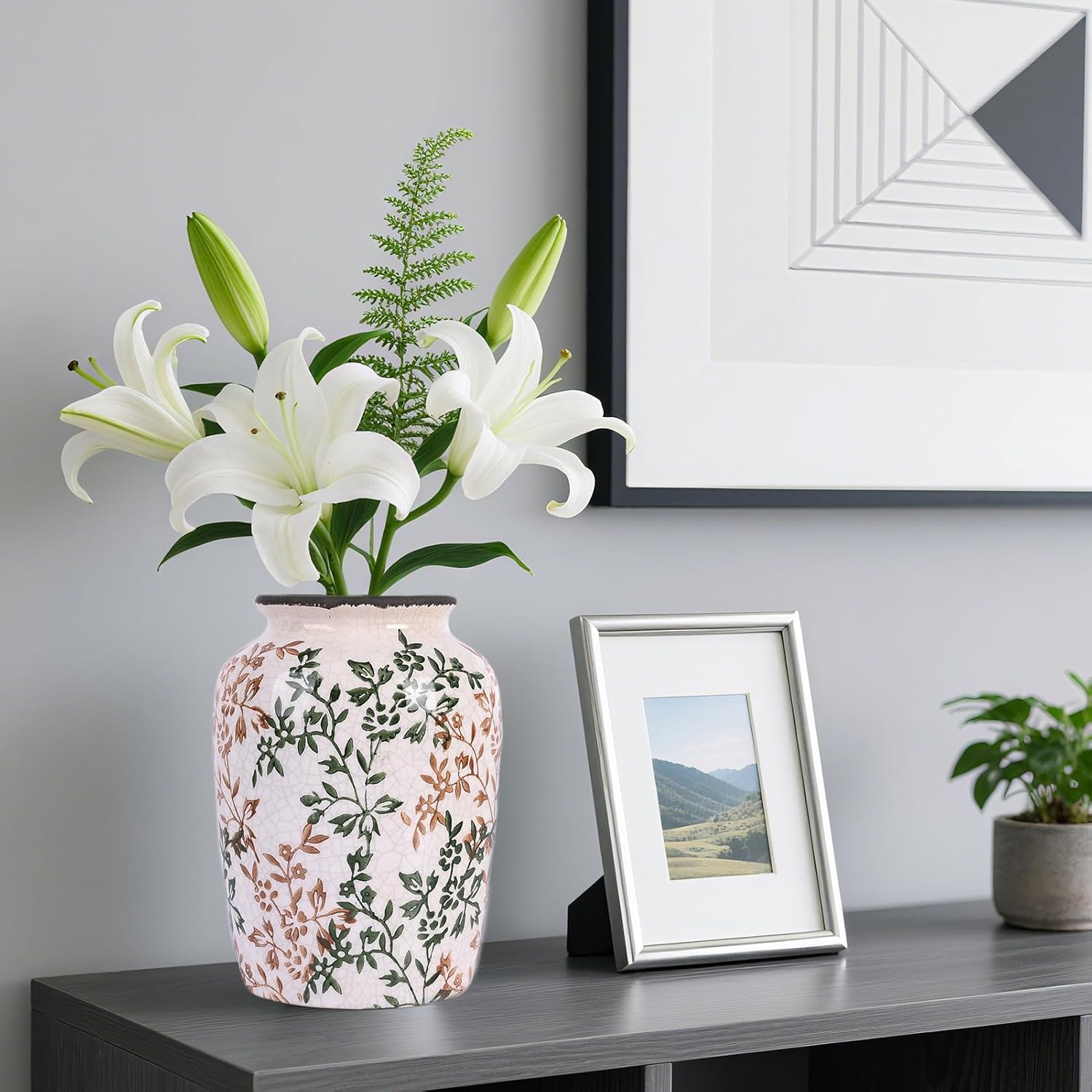 Vintage Vase for Flowers,Green Chinoiserie Ceramic Vase,Rustic Farmhouse Cracked Vases,for Flower Arrangement,Living Room, Office, Shelf, Fireplace Tables,Centerpieces,Chinoiserie Pottery Decor(D)