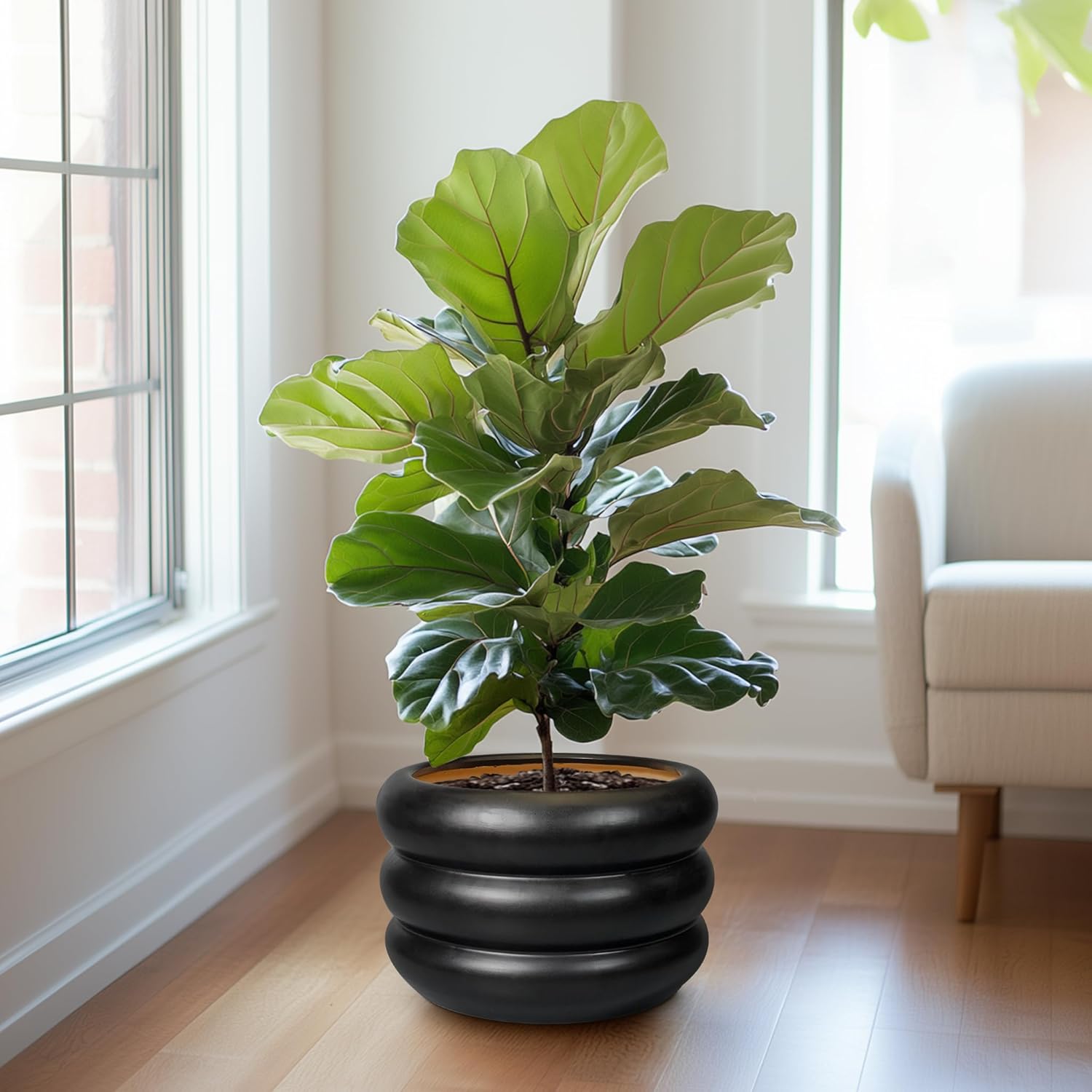 SQOWL Ceramic Flower Pot 13.5 Inch - Large Planter for Indoor Plants Outdoor Plant Pot with Drainage Hole Round Planter Mid-Century Flower Pot for Porch Living Room Decor Black