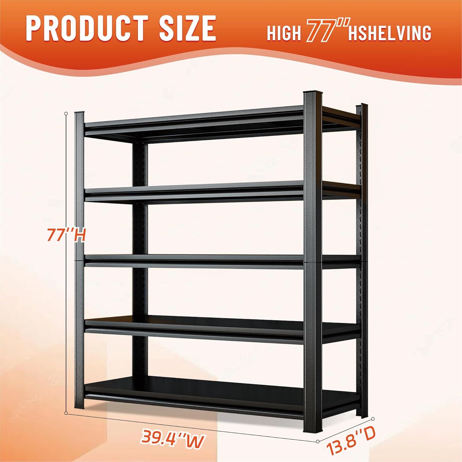 Heavy Duty 5-Tier Shelving Unit 3000LBS Capacity - Adjustable Steel Garage Shelves for Warehouse, Basement Storage(77''H x 39.4''W x 13.8''D)