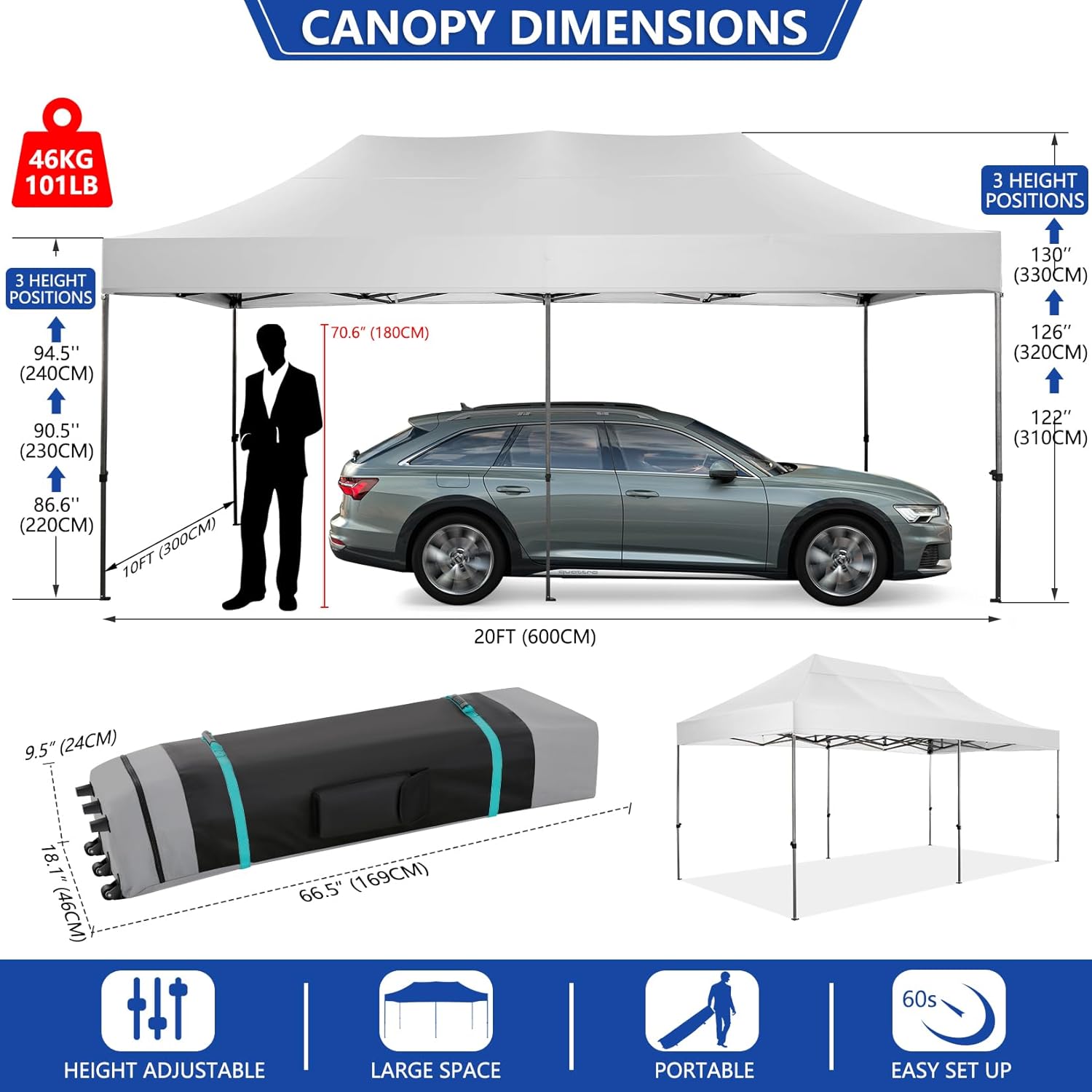 COBIZI 10x20 Pop up Canopy Tent Heavy Duty Without Sidewalls, Easy Set-up Commercial Outdoor Party Tent, 100% Waterproof Wedding Gazebo, 3 Height Adjustable with Wheeled Bag, White