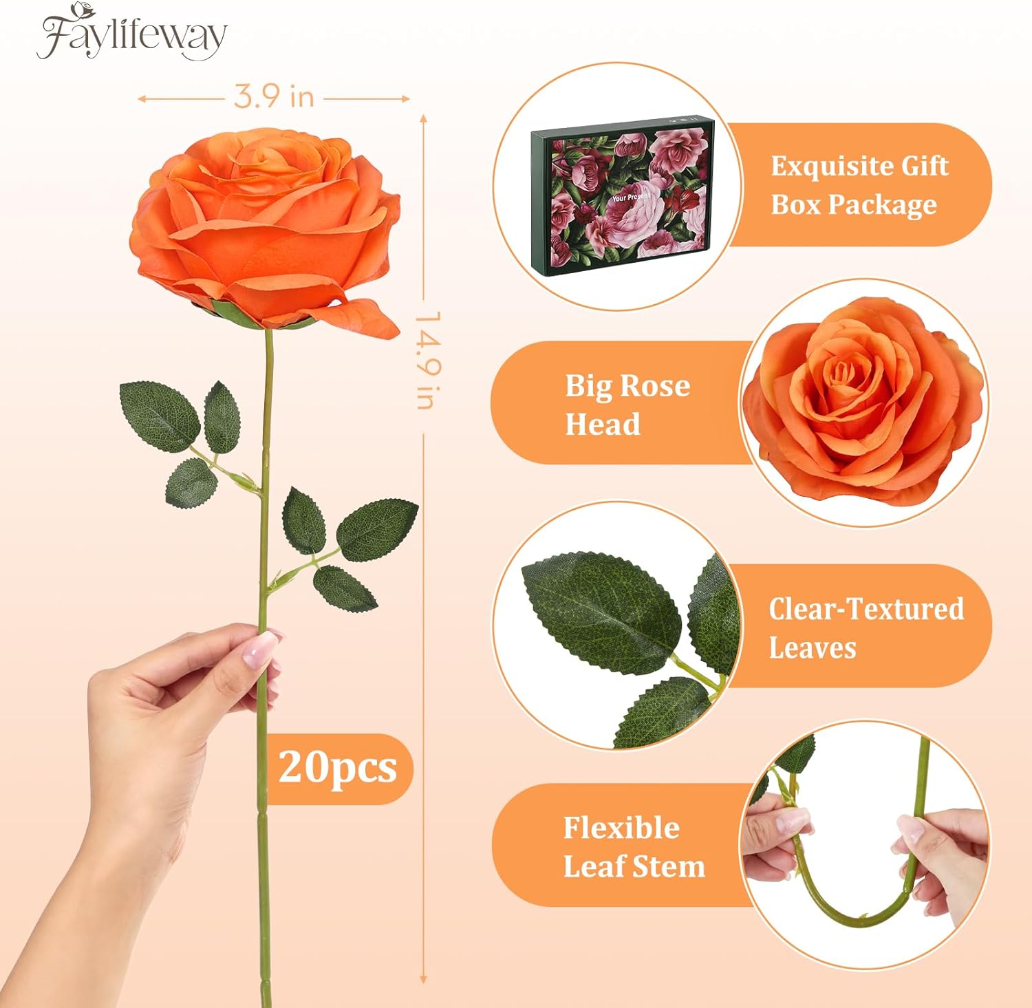20PCS Artificial Light Orange Roses, 3.9'' Silk Flower Head Fake Light Orange Rose with Long Stems, Realistic Faux Roses Bouquet for Mother's Day DIY Wedding Home Party Office Decoration