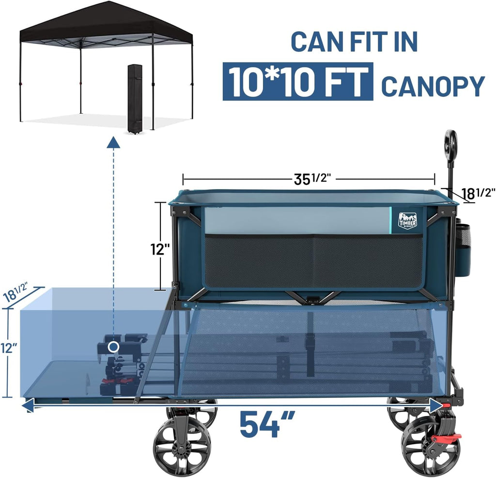 TIMBER RIDGE 400L Large Capacity Folding Double Decker Wagon with Brakes, 54" Extra Long Extender Wagon Cart, 660lbs Heavy Duty Collapsible Cart, All-Terrain Big Wheels for Camping, Sports, Shopping