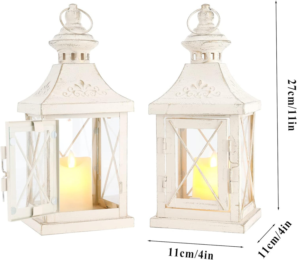 TRIROCKS Set of 2 Decorative Candle Lantern 11'' High Metal Candle Holder Hanging Lantern Perfect for Home Decor Halloween Living Room Parties Events Tabletop Indoors Outdoors (White with Gold Brush)
