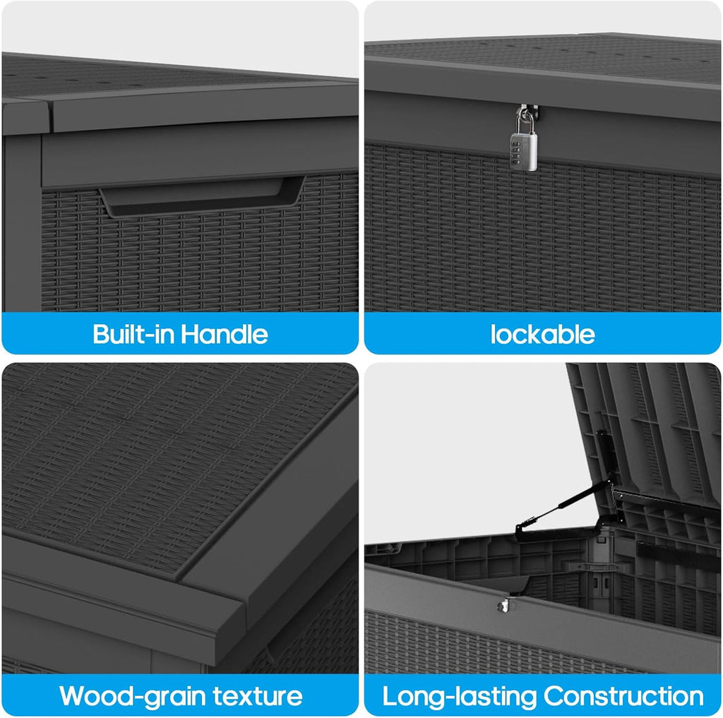 320 Gallon Waterproof Black Deck Box, Lockable Resin Storage Box for Patio Furniture Cushions Garden Tools and Outdoor Delivery Storage