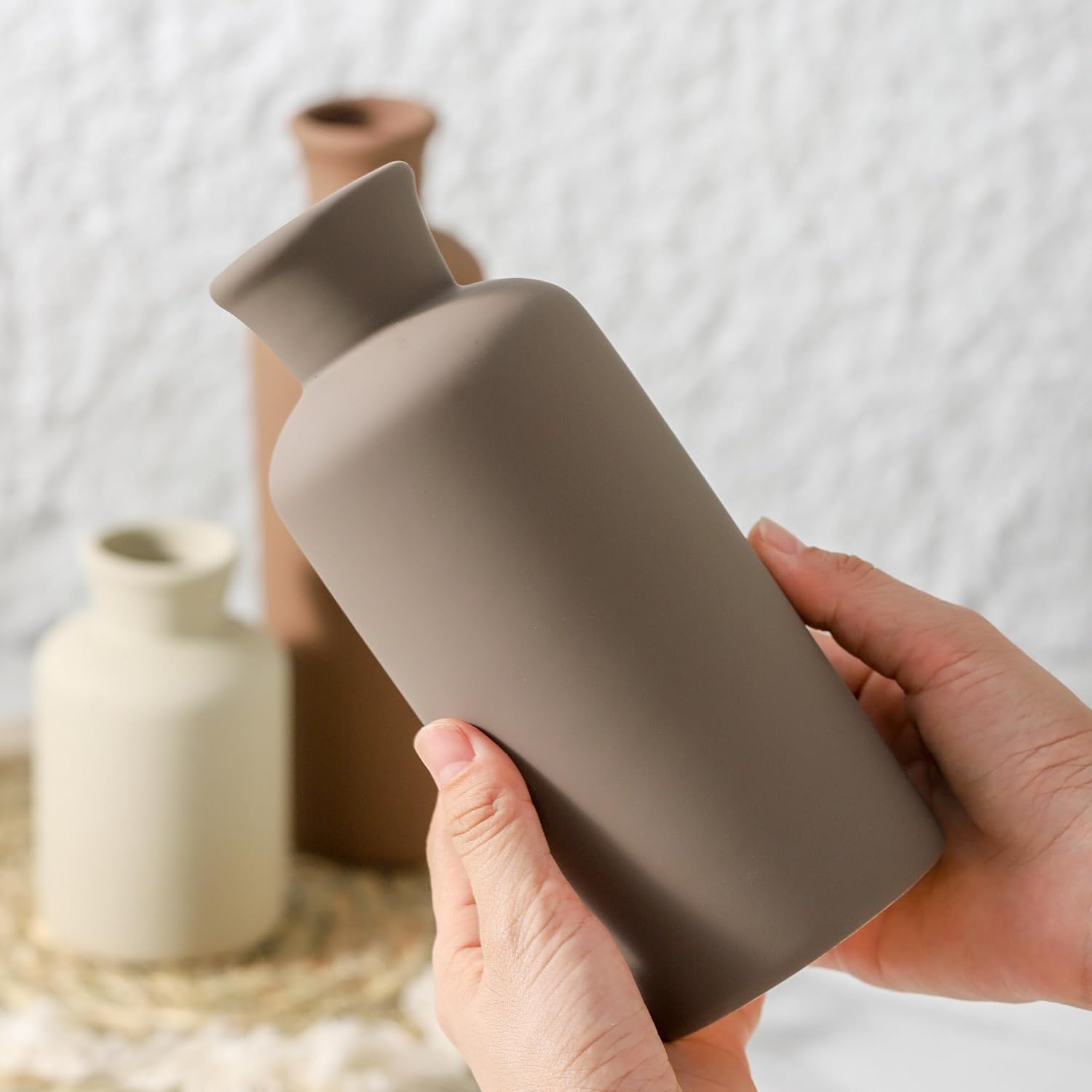 Ceramic Vase Set of 3, Flowers Neutral Modern Vases Home Decor Rustic Farmhouse Decor Pampas Vase for Table Mantel Entryway Shelf Living Room Kitchen Bathroom - Brown