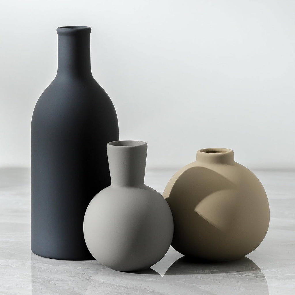 Ceramic Vase Set of 3, Flower Decorative Vases Home Decor Boho Neutral Modern Pottery Pampas Vases for Centerpiece Bouquet Table Mantel Entryway Bookshelf Living Room Bedroom Bathroom Kitchen