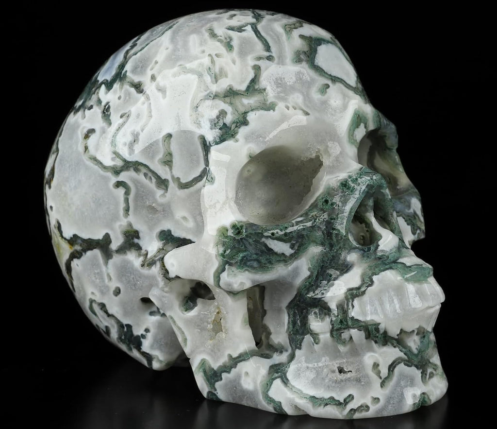 Skullis 5.0” Green Moss Agate Crystal Skull, Hand Carved Gemstone Fine Art Sculpture, Reiki Healing Stone Statue.2054