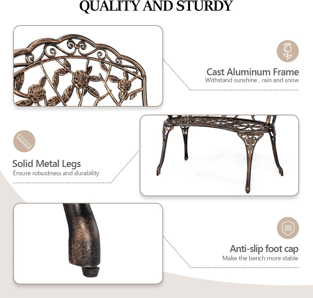 VINGLI 38.5" Patio Park Garden Outdoor Metal Rose Bench,Cast Iron Cast Aluminium Frame Antique Finish Chair,Accented Lawn Front Porch Path Yard Decor Deck Furniture for 2 Person Seat（Bronze