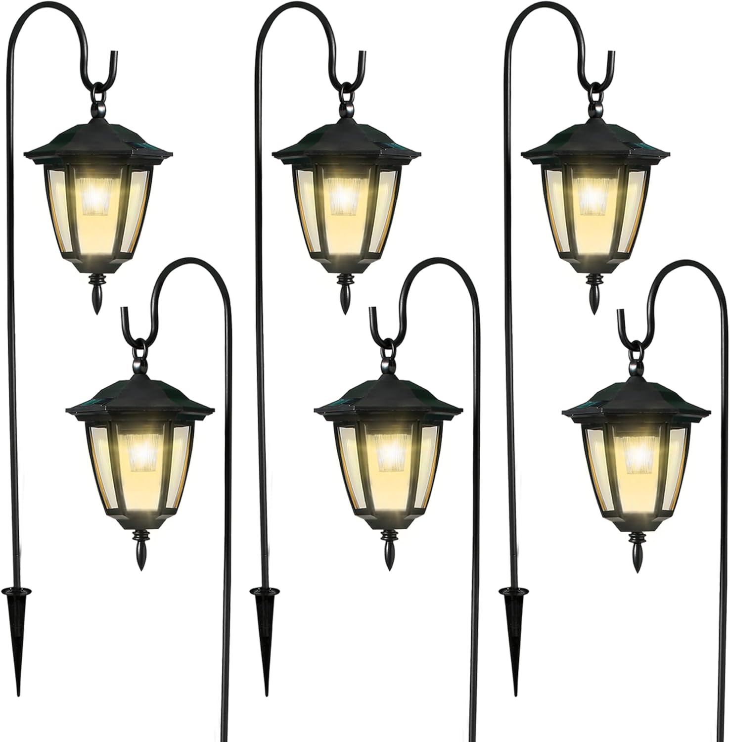 Dynaming 6 Pack Solar Hanging Lights Outdoor, Solar Powered Garden Decorative Lanterns with 6 x 38 Inch Shepherd Hooks, Waterproof Landscape Lighting for Lawn Patio Yard Pathway Driveway, Warm White
