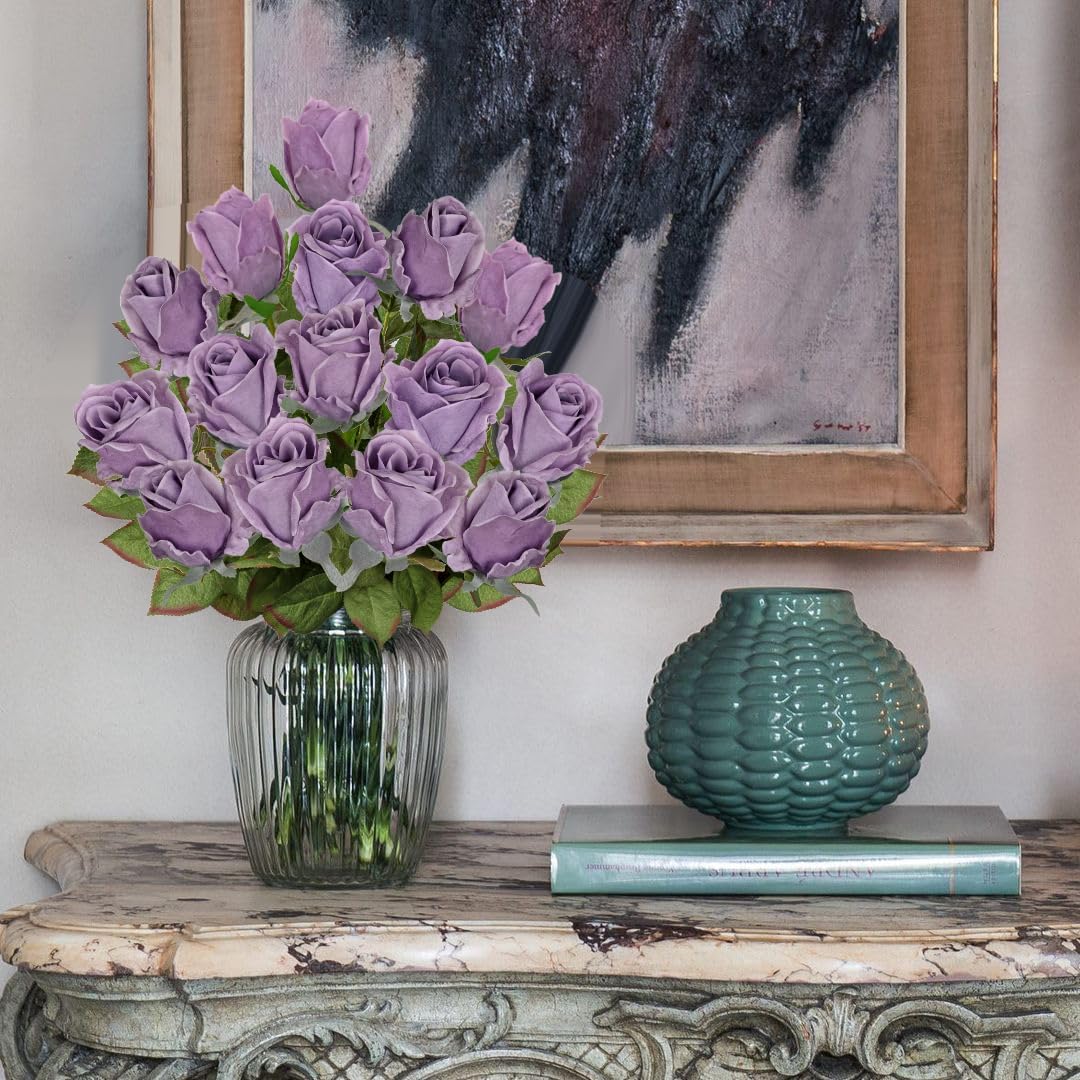 Artificial Realistic Roses Lilac Flowers 24" Real Touch Silk Roses Bouquet Long Stems Rose Fake Roses Decor for Home Party Wedding Table Centerpieces Roses Realistic - 5 Pcs