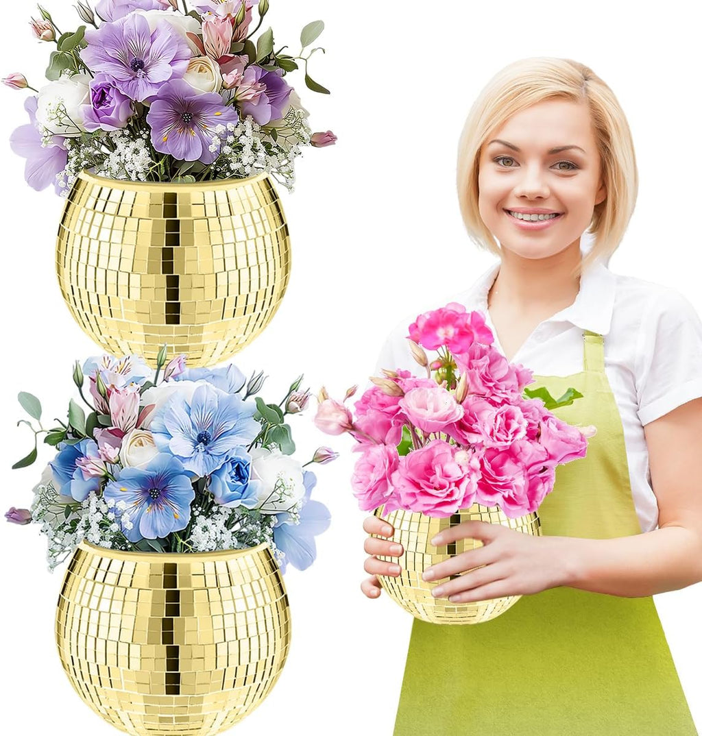 2 Pcs Disco Ball Vase,5 x 6 Inch Mirrored Disco Ball Planter,Disco Ball Candle Holders Perfect Disco Decorative Planters for Living Room Bedroom Table Wedding Party Birthday(Gold)