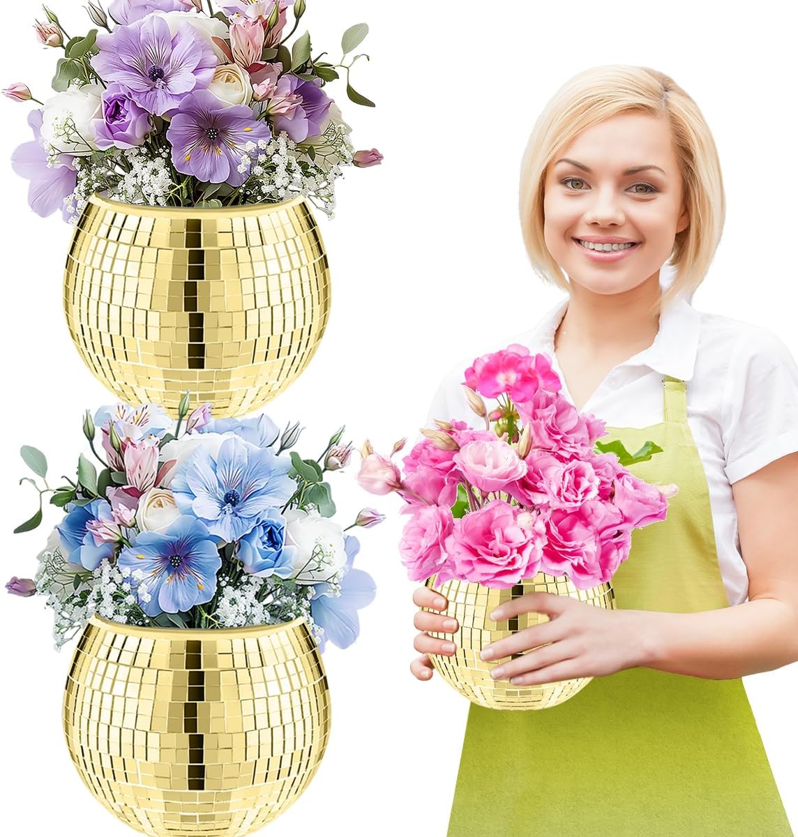 2 Pcs Disco Ball Vase,5 x 6 Inch Mirrored Disco Ball Planter,Disco Ball Candle Holders Perfect Disco Decorative Planters for Living Room Bedroom Table Wedding Party Birthday(Gold)