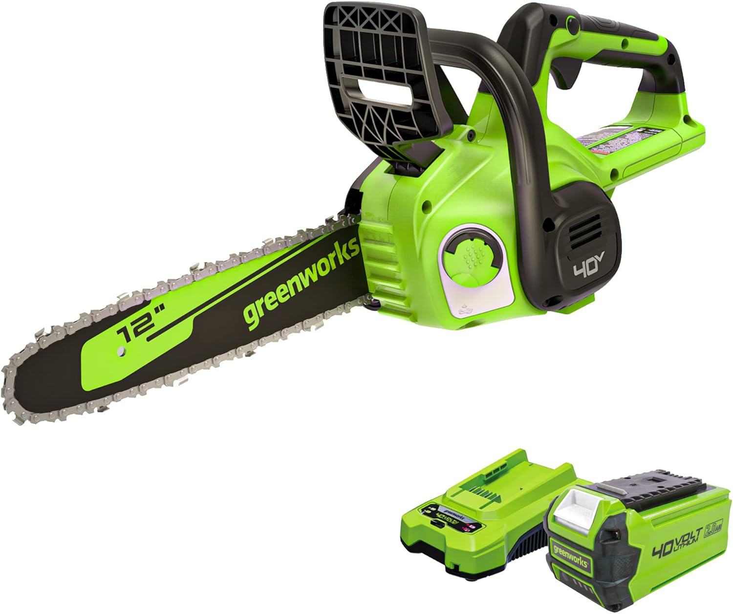 Greenworks 40V 12" Cordless Compact Chainsaw (Great For Storm Clean-Up, Pruning, and Camping), 2.0Ah Battery and Charger Included