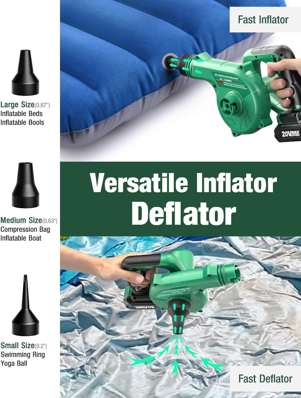 K I M O. Cordless Leaf Blower Vacuum Combo, 3 Nozzles&3 Modes for Inflation & Deflation, 20000RPM 150MPH Variable High Speed, 20Inch Extended Tube, 2 Pack 20V Battery Powered Leaf Blower for Lawn Care