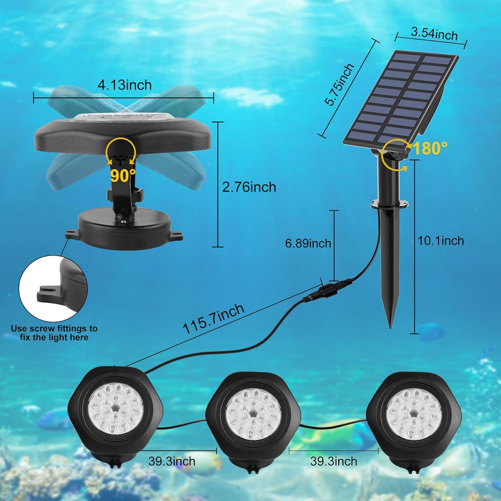 Solar Pond Lights, 18 LED Super Bright RGB LED Underwater Spotlights Color Changing Submersible Pond Light IP68 Waterproof Fountain Lights for Fish Aquarium Tank Garden Yard Pool (3-in-1)