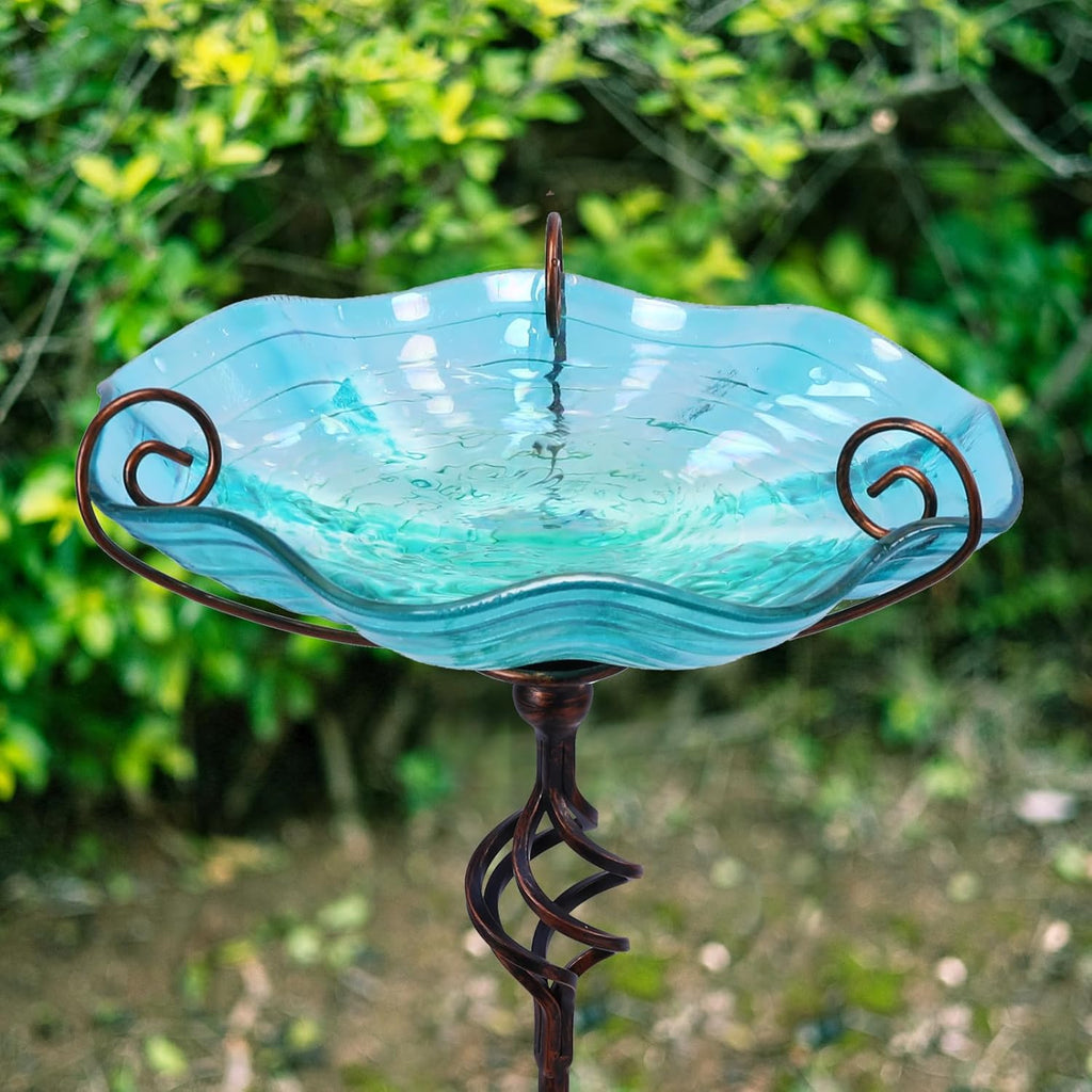 MUMTOP 31 Inch Height Glass Birdbaths, Outdoor Bird Bath Birdfeeder with Metal Stake Garden Yard Outside, Blue