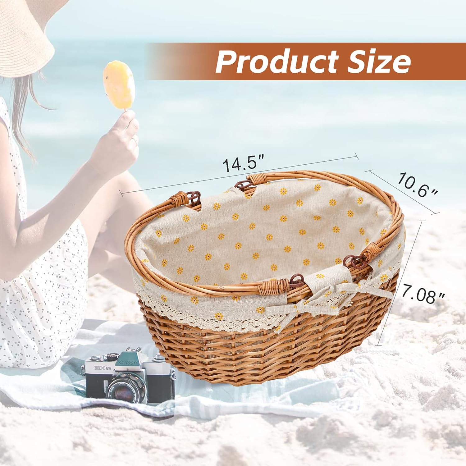 G GOOD GAIN Wicker Picnic Basket with Double Folding Handles,Willow Picnic Hamper,Natural Hand Woven Easter Basket,Easter Eggs and Candy Basket,Bath Toy and Kids Toy Storage,Gift Packing Basket.Yellow