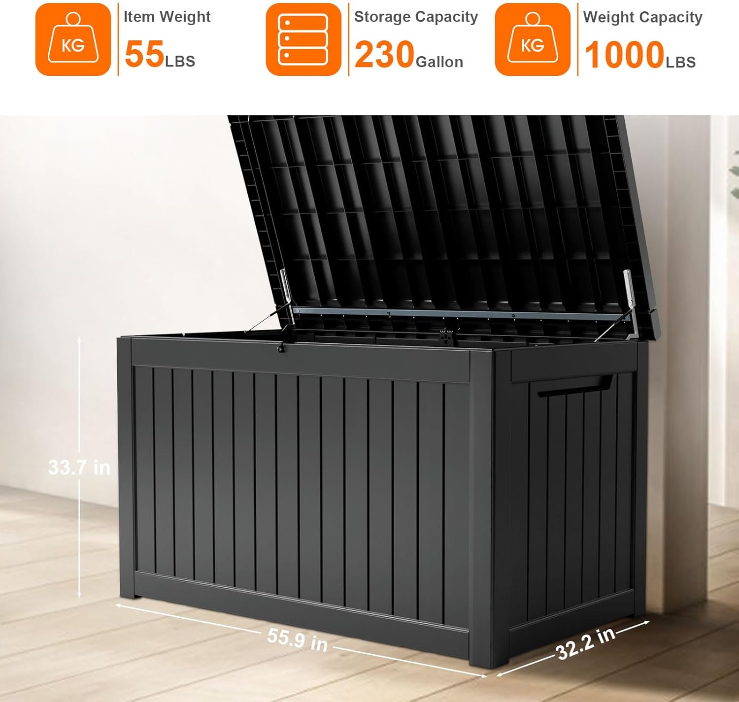 XXL 230 Gallon Large Resin Deck Box, Outdoor Lockable Storage Box for Patio Cushions Storage Furniture, Pool Supplies, Garden Tools, Weatherproof and UV Resistant- Black (230 Gallon)