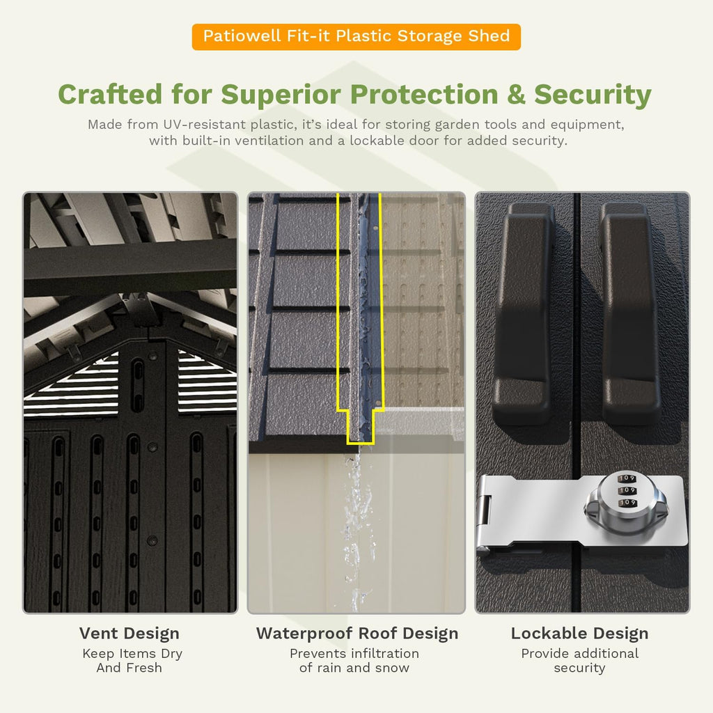 Patiowell 8 x 10 FT Resin Outdoor Storage Shed with Floor and Light, Large Plastic Barn with Lockable Door for Garden Tools, Backyard, Bike Storage, Easy Installation in Beige (Kick-it Shed)