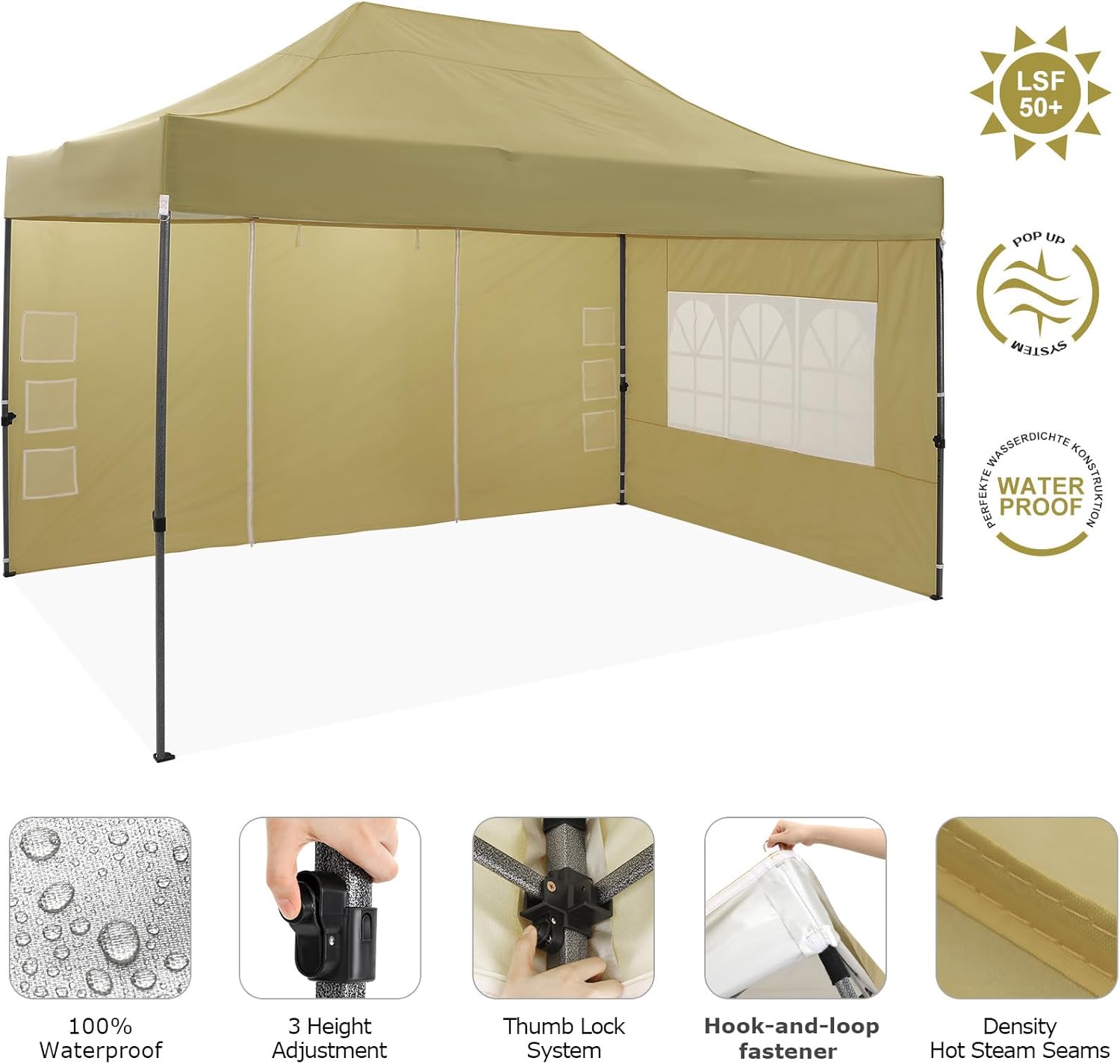 COBIZI 10x15 Pop up Canopy Heavy Duty with 4 Sidewalls, Easy Set-up Commercial Outdoor Party Canopy, 100% Waterproof Wedding Gazebo, 3 Height Adjustable with Handbag, Khaki