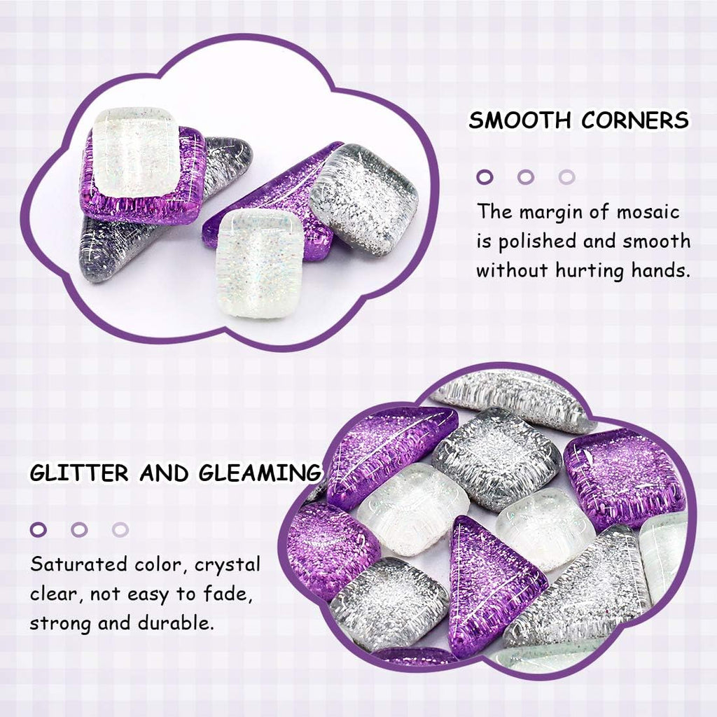 Swpeet 1 Pound Sliver + Purple Shine Crystal Series Mosaic Tiles Assortment Kit, Square and Triangle Genuine Mosaic Tiles Glitter Crystal Mosaic Perfect for Home Decoration Crafts - Mosaic Tiles K
