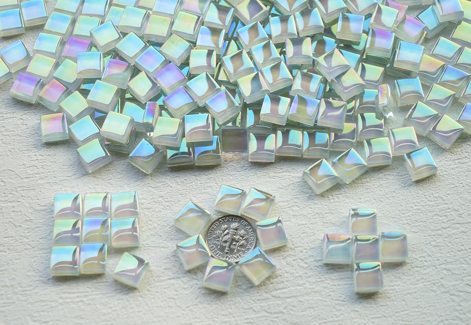 335pcs Crystal White Iridescent Mosaic Tiles, 0.4' Mini Square Glass Tiles for Mosaic Craft, 300G Smooth Edge Glass Pieces for Mosaic Making Supplies