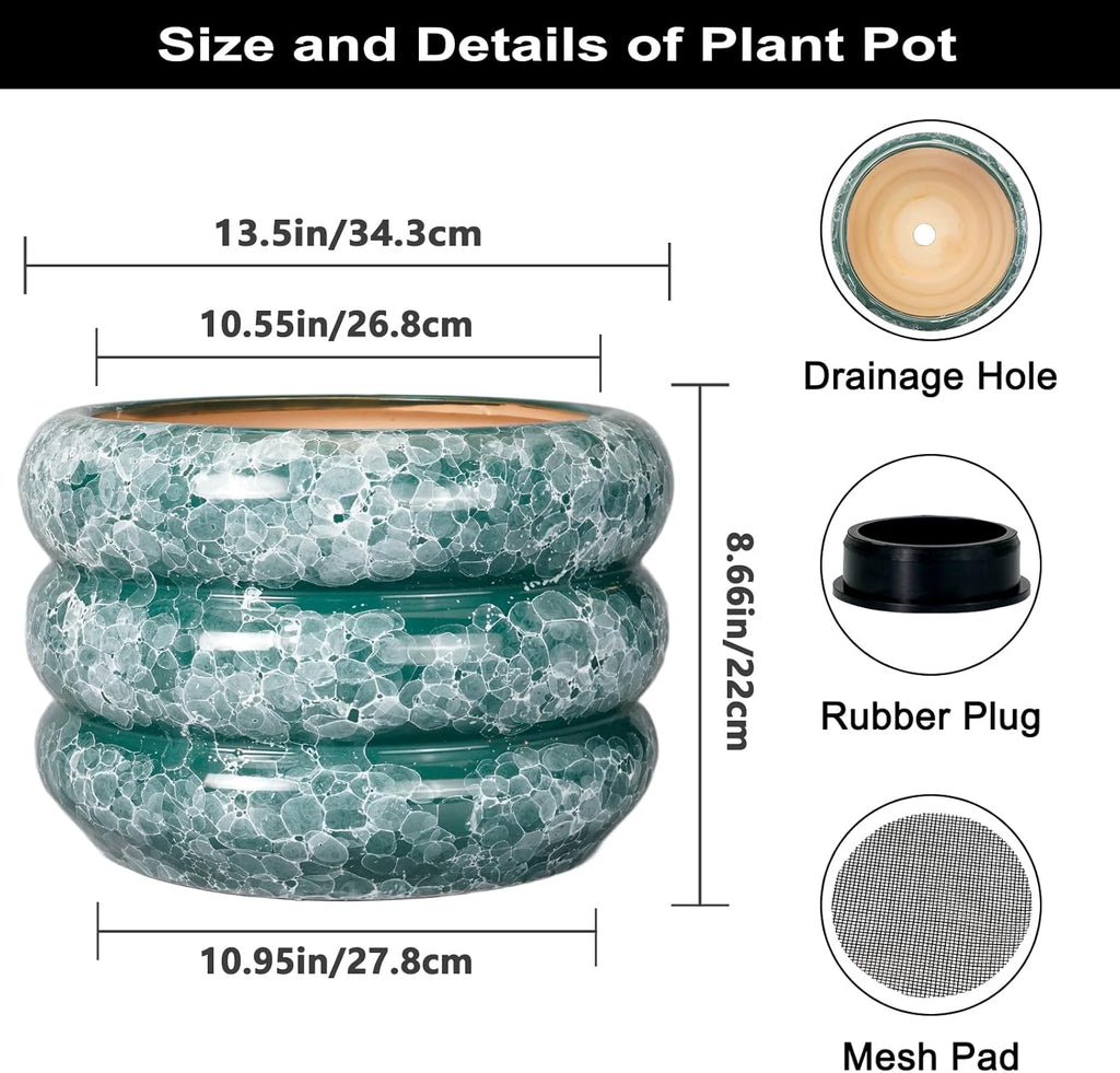 SQOWL Ceramic Planter for Indoor Plants 13.5 Inch - Large Plant Pot with Drainage Hole Outdoor Flower Pot Round Planter Decorative Plant Pot for Garden Bathroom Decor Green