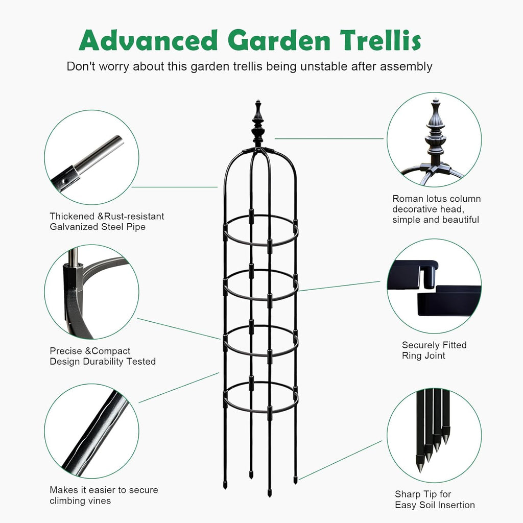 Trellis For Climbing Plants Outdoor 1Pcs 6Ft Garden Obelisk, Metal Pipe Tomato Cage Cucumber Rose Flower Vegetable Grape Round Vine Tall Plants Trellis,Plants Support Stakes Potted Garden Tower Indoor