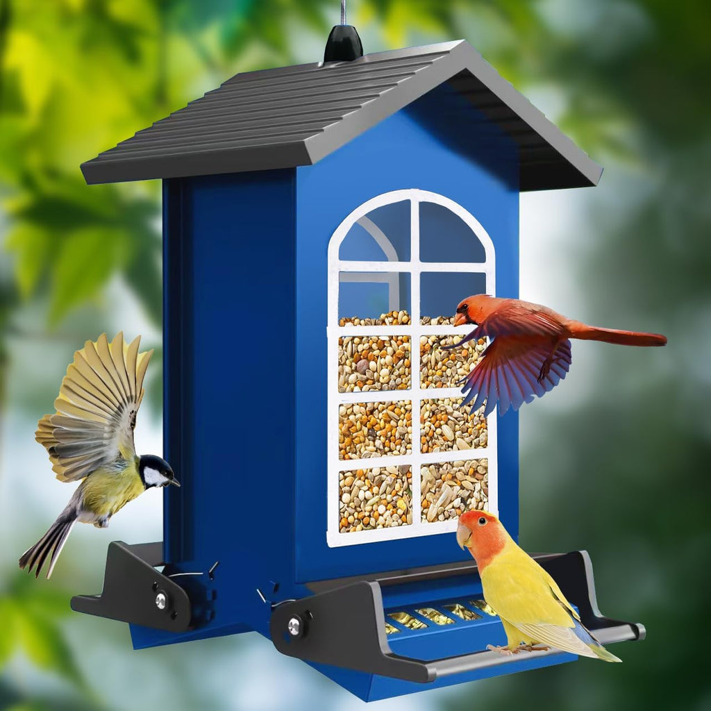 Bird Feeder Squirrel Proof Metal Hanging for Outdoor Wild Bird Seed, 5LBS with Bilateral Weight-Activated Perches, Heavy Duty Bird Feeders for Outside Wild Bird - Blue